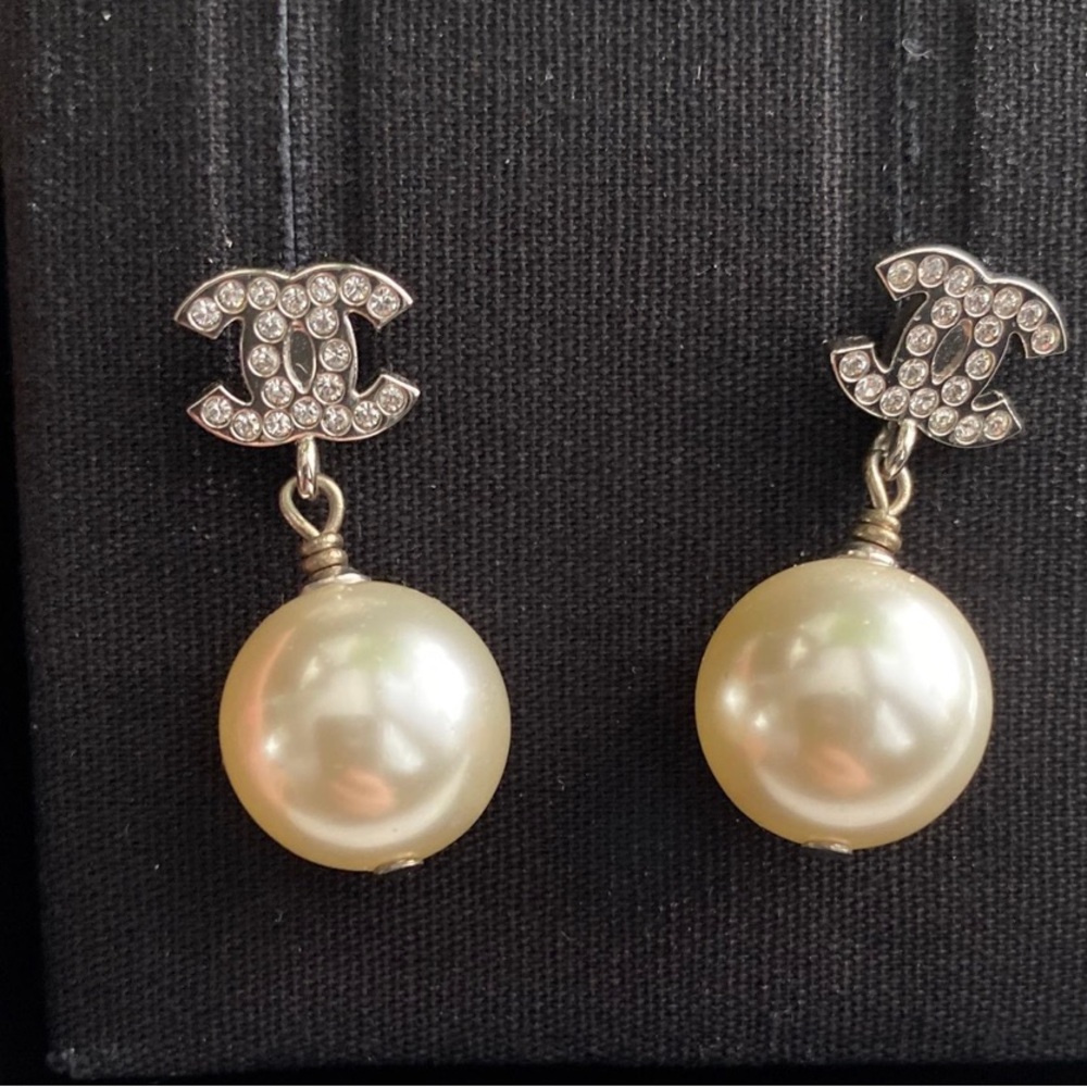 CHANEL Pearl and Crystal Logo Earrings